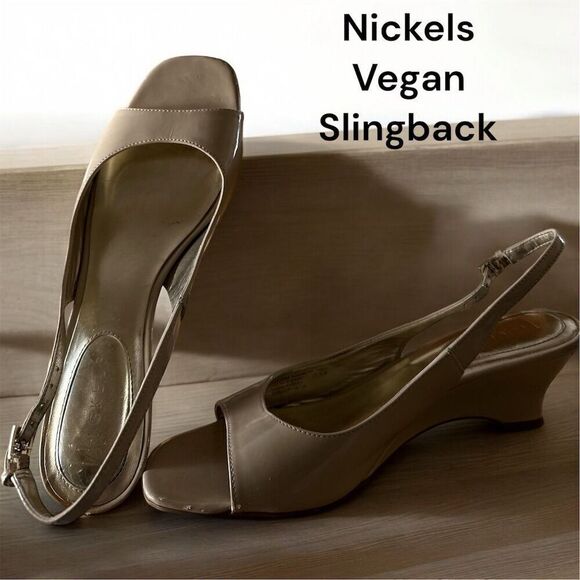 Nickels Cream Tan Slingback Vegan Comfortable Kitten Heels Peep Toe Size 8.5 - Picture 1 of 9